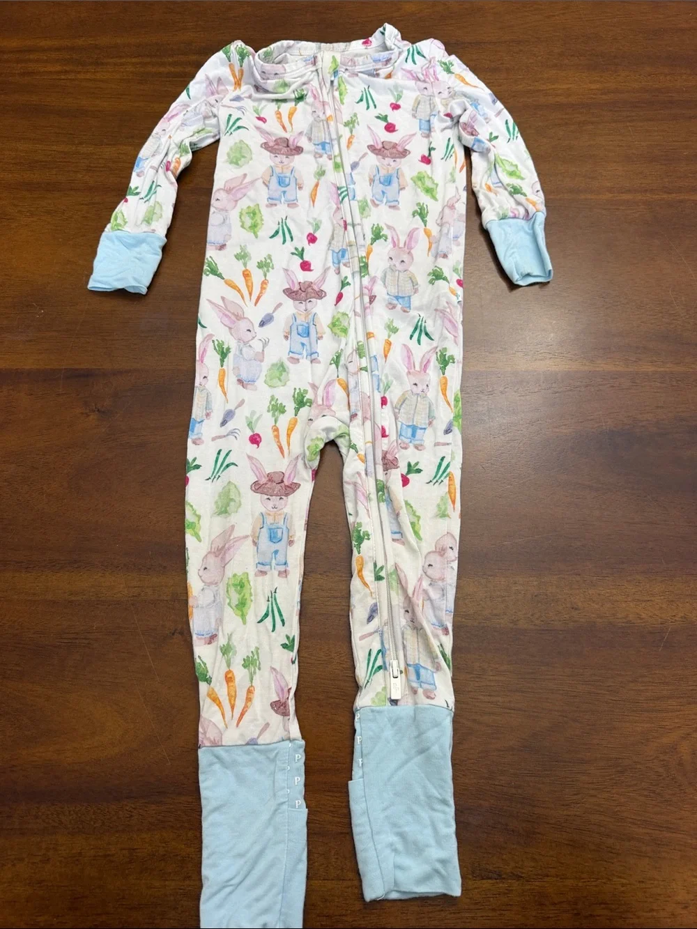 Posh Peanut Pastel Bunny & Carrot Footed One-Piece Light Blue Cuffs